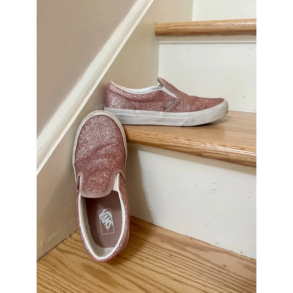 Vans Classic Slip-On Rose Gold Glitter Kids Size 2 Skate Shoes Pink Sneakers